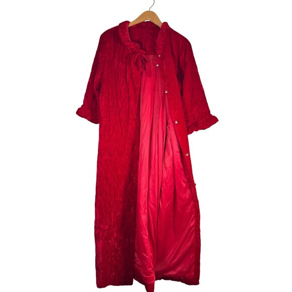 VINTAGE Womens Size 46 Chest House Coat Maxi Red Quilt Velvet Rhinestone Buttons - Picture 11 of 14
